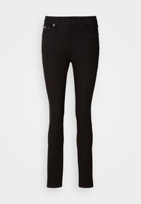 Blugi negri slim-fit cu nasture în față și buzunare, croială dreaptă a piciorului, afișați pe un fundal alb simplu.