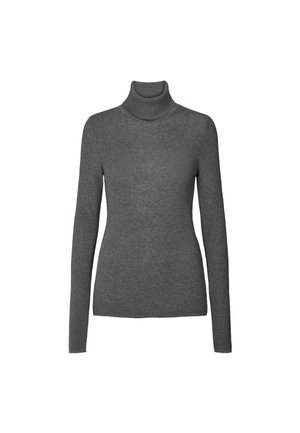 Pilko spalvos aukštos apykaklės megztinis iš minkštos mezginio medžiagos. Ilgos rankovės ir prigludęs dizainas su ribotu raštu bei aukšta apykakle.