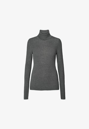 Pilko spalvos aukštos apykaklės megztinis iš minkštos mezginio medžiagos. Ilgos rankovės ir prigludęs dizainas su ribotu raštu bei aukšta apykakle.