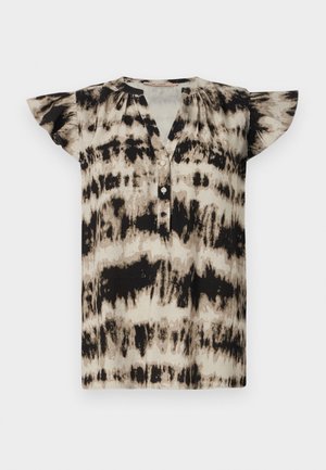 Camisa de manga corta con botones en un patrón de tie-dye beige y negro. Tejido suave con mangas acampanadas y un corte relajado. Cuello redondo.