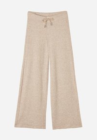 Beige vida byxorna med ett mjukt tyg, elastisk midja och snörning, liggande platt på en vit bakgrund.