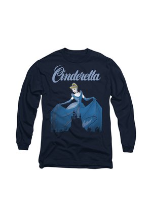 Long-sleeve navy shirt featuring Cinderella in a blue gown with flowing fabric, castle silhouette, and stylized white lettering.