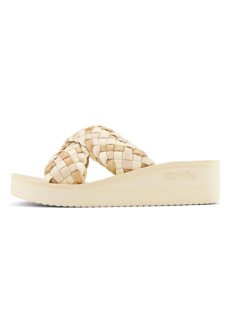 Gewebte, beige Cross-Band-Sandalen mit Plateausohle. Strukturierte Riemen und ein gepolsterter Fußbettt, mit "flip*flop"-Markenlogo an der Seite.