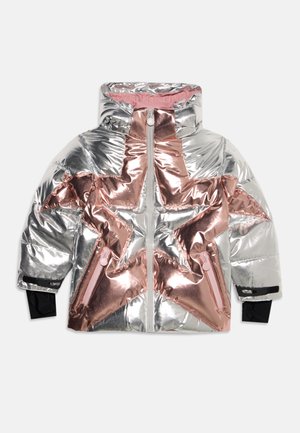 Shiny silver puffer jacket with large metallic rose gold star design, front zipper, two zip pockets, and black inner cuffs.