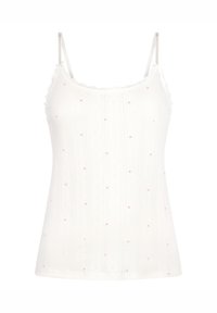 Λευκό φανελάκι με λεπτή δαντέλα ως διακόσμηση, με ριμπ ύφανση και μικρά ροζ σχέδια καρδιών σε όλη την επιφάνεια. Ρυθμιζόμενες λεπτές τιράντες.