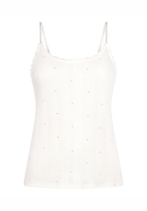 Weißes Camisole mit zarter Spitzenverzierung, strukturiert mit Rippeneffekt und kleinen rosa Herzmustern. Verstellbare Spaghettiträger.