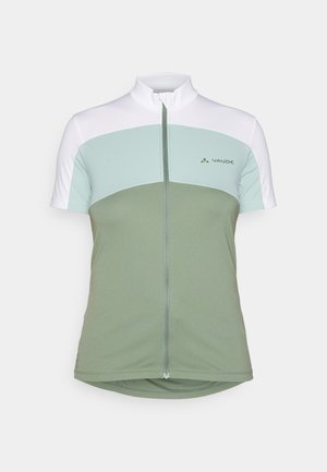 Short-sleeve cycling jersey with a high collar; features mint green, light green, and white color blocks; front zip closure; Vaude logo.