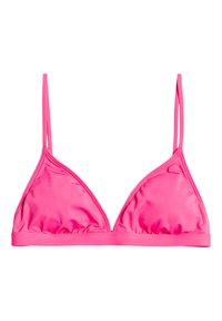 Roze triangeltop met dunne bandjes, geplooide details en een soepele textuur. Bevat een klein merketiket aan één kant.