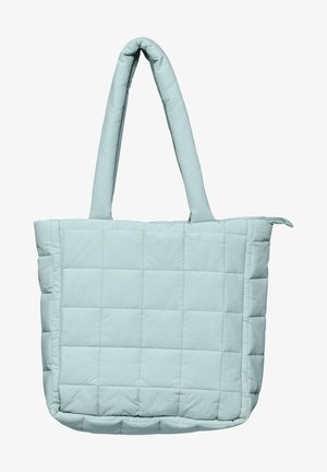 Borsa a tracolla trapuntata in blu chiaro, con texture imbottita, due manici robusti e chiusura con zip. Forma rettangolare con dettagli a motivo a griglia.