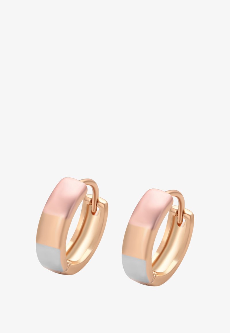 Náušnice ve tvaru kruhu z růžového zlata s hladkým povrchem, zdobené dvoubarevným designem s růžovými a stříbrnými akcenty. Kulatý tvar, lehká konstrukce.