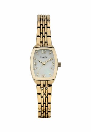 Orologio Timex color oro con quadrante rettangolare in madreperla, numeri arabi alle 12, 6 e 9. Presenta un bracciale con maglie collegate e lucidate.