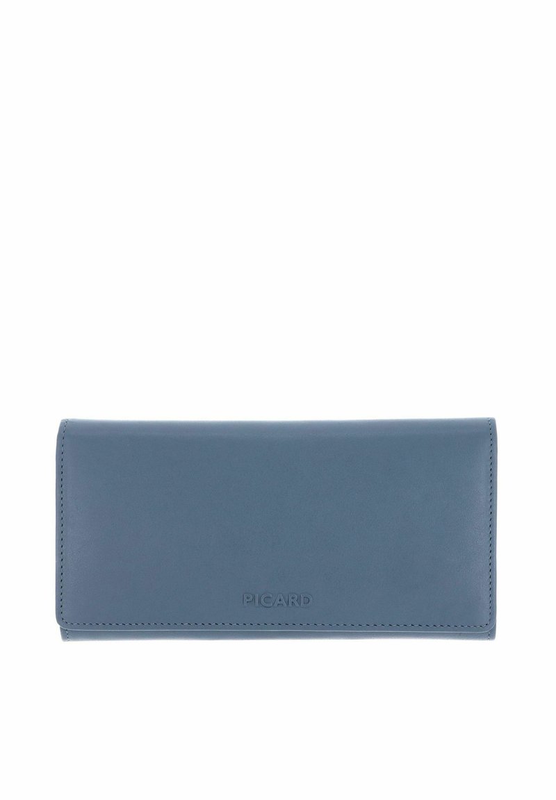 Blue leather wallet with a smooth texture, featuring a stitched edge and embossed branding. Rectangular shape, flap closure design.