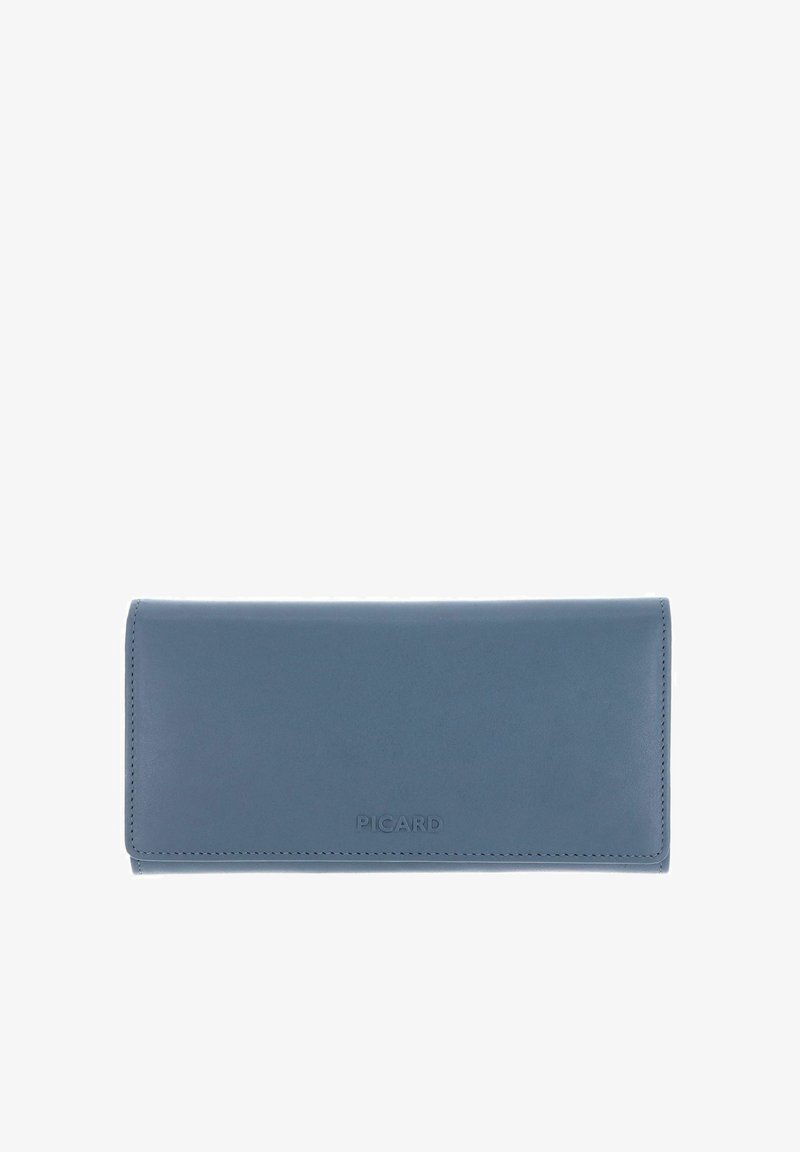 Blue leather wallet with a smooth texture, featuring a stitched edge and embossed branding. Rectangular shape, flap closure design.