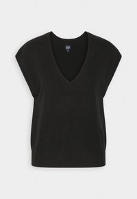 Maglione senza maniche nero lavorato a maglia con scollatura a V e bordi a coste, caratterizzato da una vestibilità rilassata e una superficie liscia. Etichetta visibile all'interno.