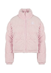 Giacca imbottita in rosa chiaro, realizzata in morbido tessuto a coste. Presenta un colletto alto, chiusura con zip e un piccolo logo sul petto.