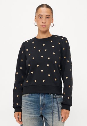 Zwarte sweatshirt met een ronde hals, geribbelde mouwen en onderrand, versierd met kleine gouden harten in een verspreid patroon.
