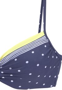 Marine bikini top met witte stippen, voorzien van een gele gestreepte band en dunne schouderbandjes. Gladde textuur en geplooide stofdetails.