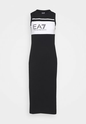 Black sleeveless midi dress with white horizontal stripe across chest featuring "EA7 Emporio Armani" logo.