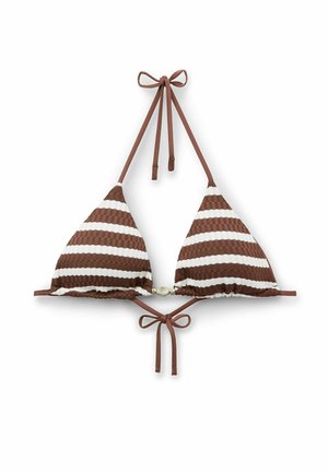 Top de bikini triangular con rayas texturizadas en marrón y blanco, con cierre de cuello halter y lazos en la espalda.