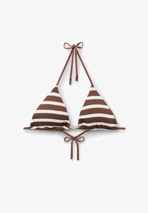 Top de bikini triangular con rayas texturizadas en marrón y blanco, con cierre de cuello halter y lazos en la espalda.