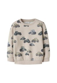 Bežna sudarica z razpršenimi odtisi traktorjev v zeleni, modri in črni barvi. Okrogla izreza, ribani manšeti in spodnji rob. Mehka tekstura tkanine.