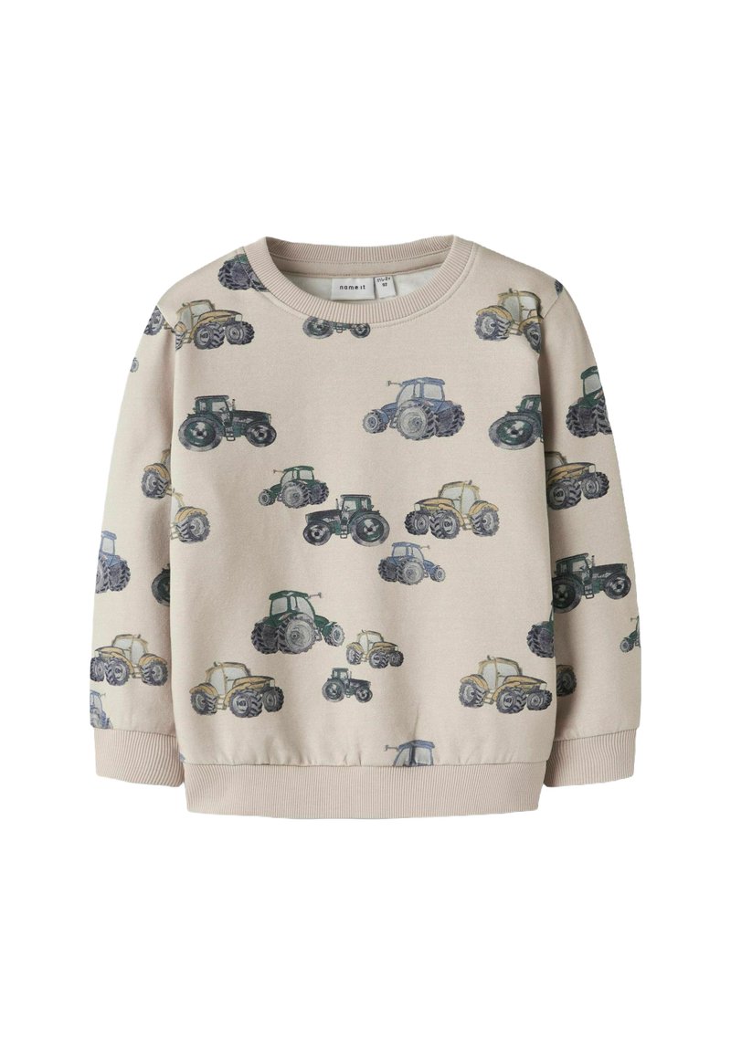 Bežna sudarica z razpršenimi odtisi traktorjev v zeleni, modri in črni barvi. Okrogla izreza, ribani manšeti in spodnji rob. Mehka tekstura tkanine.