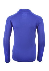 Chemise à manches longues de couleur violet uni, réalisée en tissu lisse et extensible. Dotée d'un col rond et de coutures décoratives le long des épaules et des côtés.