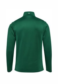 Groene longsleeve polo shirt van gladde stof, met een staande kraag, logo detail op de achterkant en zonder zichtbare naden of sluitingen.