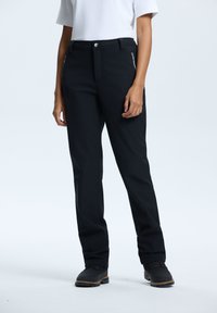 Svarte, lette bukser med lige ben, en lynlåslomme, knaplukning og bæltestropper. Lavet af et glat, holdbart stof.