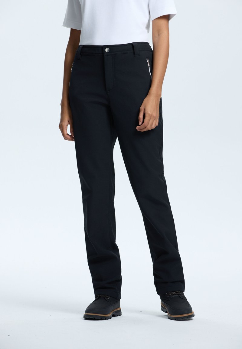 Svarte, lette bukser med lige ben, en lynlåslomme, knaplukning og bæltestropper. Lavet af et glat, holdbart stof.