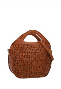 Brown leather handbag with woven front pattern, rounded shape, top handles, and an adjustable shoulder strap with brass buckle.