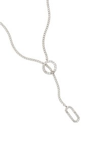 Srebrny naszyjnik łańcuszkowy z okrągłym ogniwem osadzonym w przezroczystych kryształkach, zwężający się do owalnego wisiorka z podobnymi ozdobami.