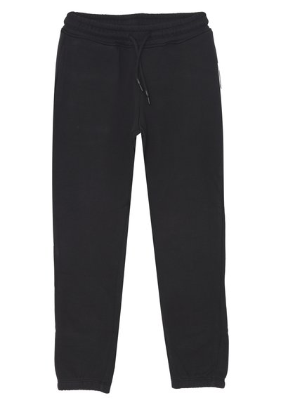 Pantaloni jogger neri con vita elastica e coulisse, tasche laterali e caviglie a costine, progettati per un abbigliamento casual o sportivo.