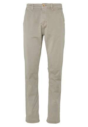 Pantalones de algodón beige con un diseño de pierna recta, bolsillos frontales y cierre de botón. Textura suave con detalles de costura en las costuras.