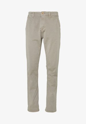 Pantalones de algodón beige con un diseño de pierna recta, bolsillos frontales y cierre de botón. Textura suave con detalles de costura en las costuras.