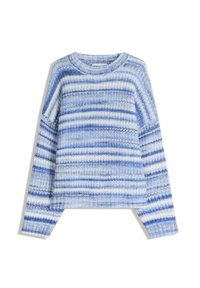 Modrý pruhovan�ý pletený sveter s rôznymi odtieňmi modrej a bielej, s okrúhlym výstrihom, vo voľnom strihu a rebrovanými manžetami a lemom.