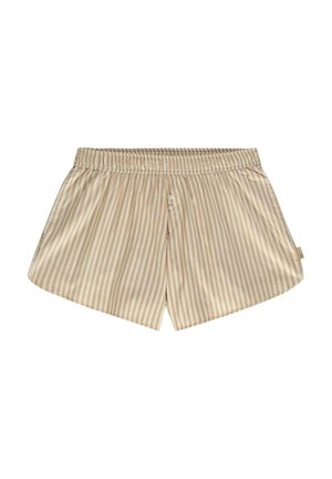 Beige og kremfargede stripete shorts laget av et lett, glatt stoff. Har en elastisk midje med en knappdetalj foran.