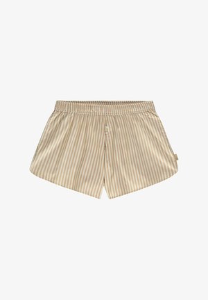 Beige ja kreemikad triibulised lühikesed püksid, mis on valmistatud kergest ja siledast kangast. Omavad elasticset vöökohta koos ees oleva nööbiga.