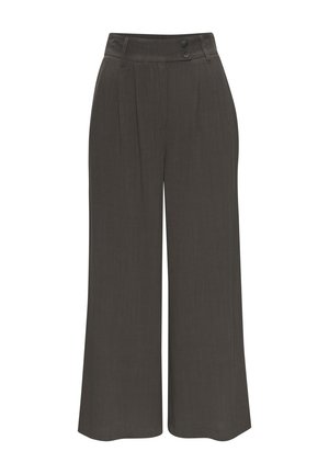 Helle Beinschneiderhosen aus dunkelgrauem Stoff mit glatter Textur, ausgestattet mit zwei Knöpfen am Bund und einem gefalteten Vorderdesign.