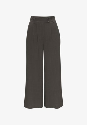 Wide-leg trousers in dark gray fabric with a smooth texture, featuring two buttons on the waistband and pleated front design.
