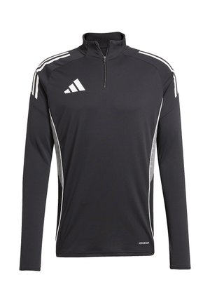 Schwarz langärmliges Sporthemd mit einem halben Reißverschluss am Hals, weißen Seitenstreifen und einem "AEROREADY"-Label am Saum. Aus feuchtigkeitsableitendem Material gefertigt.