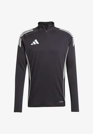Schwarz langärmliges Sporthemd mit einem halben Reißverschluss am Hals, weißen Seitenstreifen und einem "AEROREADY"-Label am Saum. Aus feuchtigkeitsableitendem Material gefertigt.