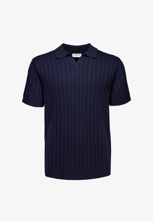 Marineblauw gebreid poloshirt met korte mouwen, verticale geribbelde textuur en een V-hals met een inkeping.