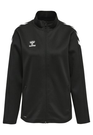 Zwarte zip-up jas van zachte stof, met witte diagonale strepen op de schouders en een logo op de linkerkant van de borst. Platte kraag, zijzakken.