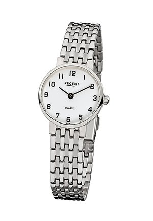 Montre-bracelet en métal argenté avec cadran blanc, chiffres horaires noirs et deux aiguilles indiquant 10h10, dotée d'un bracelet à maillons.