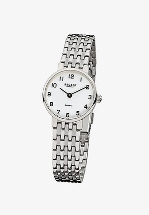 Montre-bracelet en métal argenté avec cadran blanc, chiffres horaires noirs et deux aiguilles indiquant 10h10, dotée d'un bracelet à maillons.