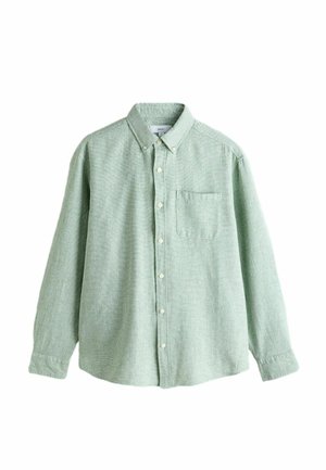 Zöld kockás, gombos ing hosszú ujjakkal, gallérral, elülső zsebbel és fehér gombokkal. Könnyű, texturált megjelenésű anyagból készült.
