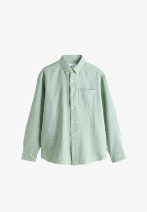 Camisa de cuadros verde con botones, manga larga, cuello, bolsillo delantero y botones blancos. Confeccionada con tela ligera de apariencia texturizada.