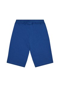 Blaue Baumwollshorts mit elastischem Bund und genähten Säumen. Das Design ist einfach, mit glatter Textur und ohne Aufdruck.
