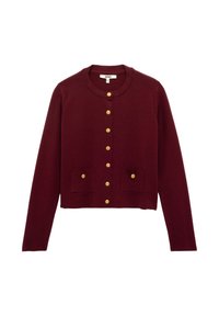Burgunderfarbener Strickcardigan mit Rundhalsausschnitt, goldenen Knöpfen auf der Vorderseite und zwei vorderen Taschen mit passenden Knopfdetails.